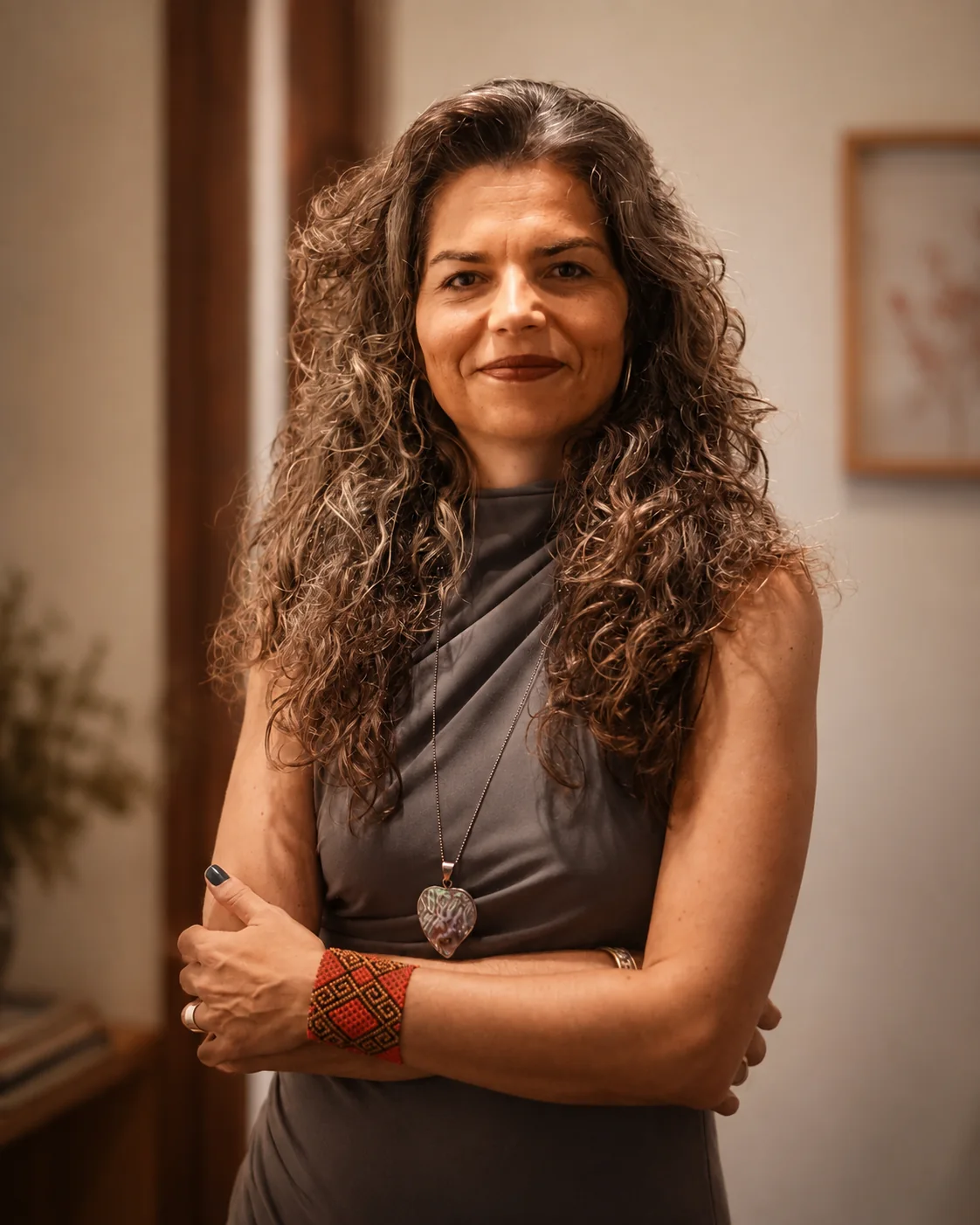 Vivian Amarante em ambiente de arte e arquitetura